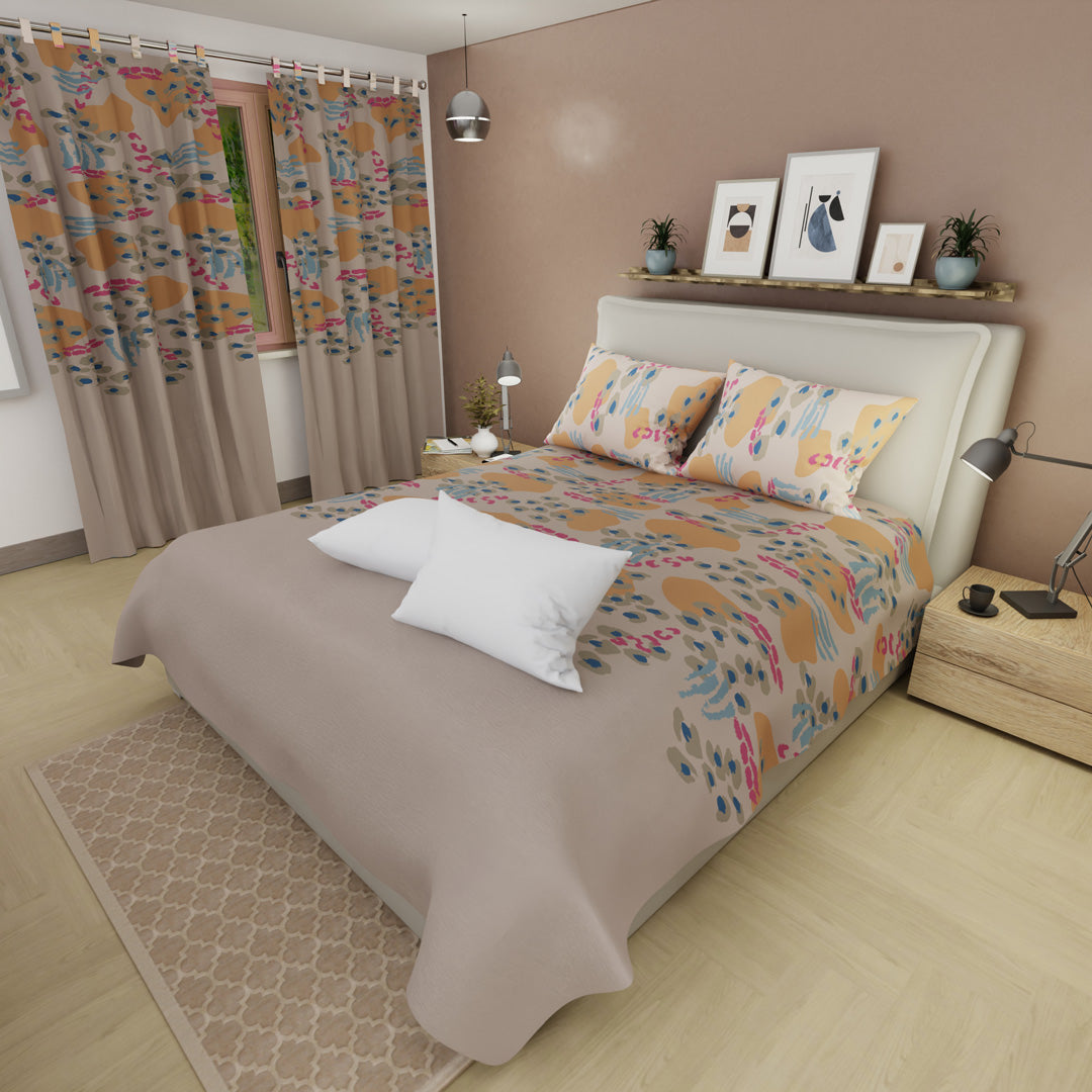 Combo Juego De Sábanas Con Cortinas Balance Naranja Y Un Par De Almohada