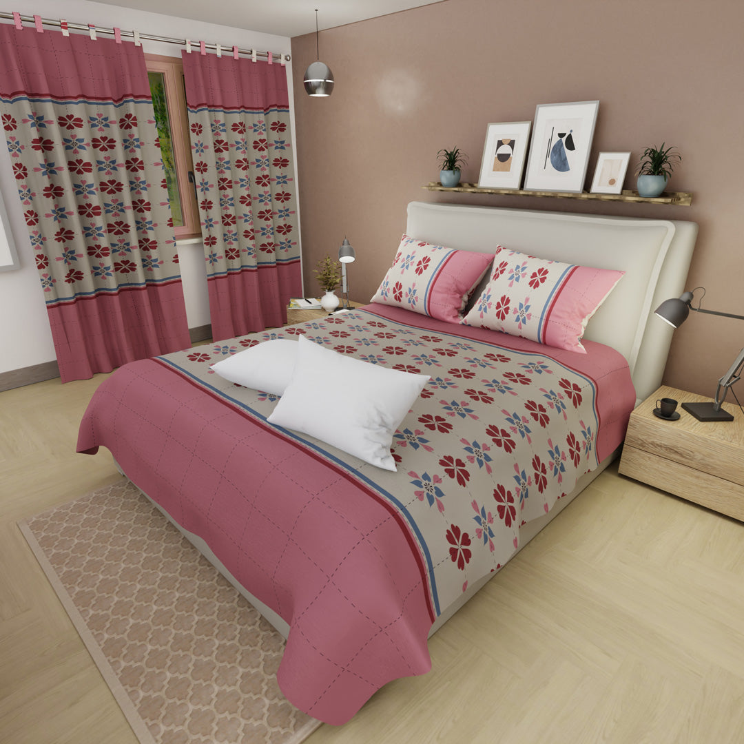 Combo Juego De Sábanas Con Cortinas Aire Fresco Rosa Y Un Par De Almohada