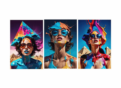 Lienzo Tríptico Arte Pop Mujeres A Color Set X 3 de 60x43cm c/u