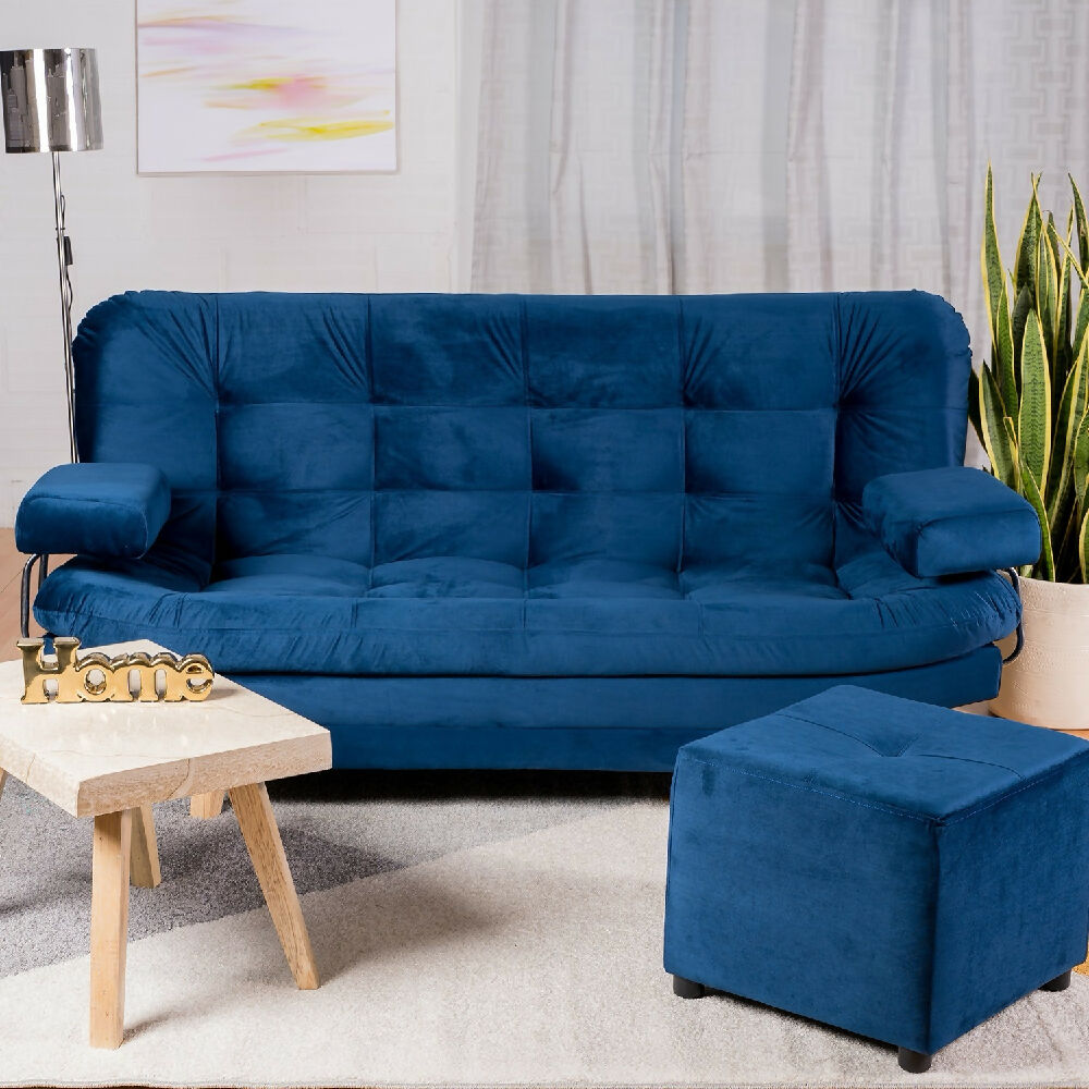 Sofá Cama Valencia Azul Petróleo + Puff
