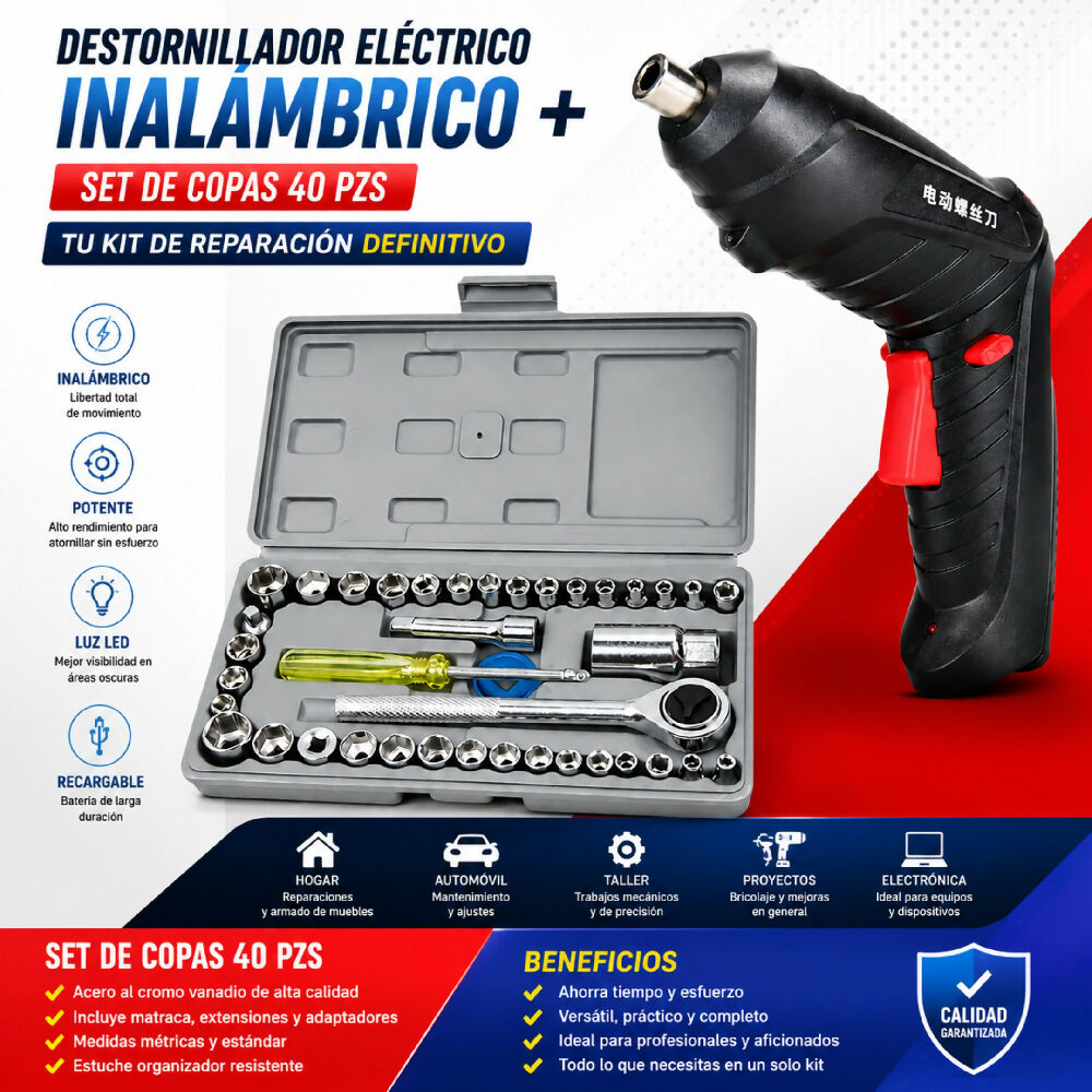 Destornillador Eléctrico Inalámbrico + Obsequio Set De Copas 40 Piezas