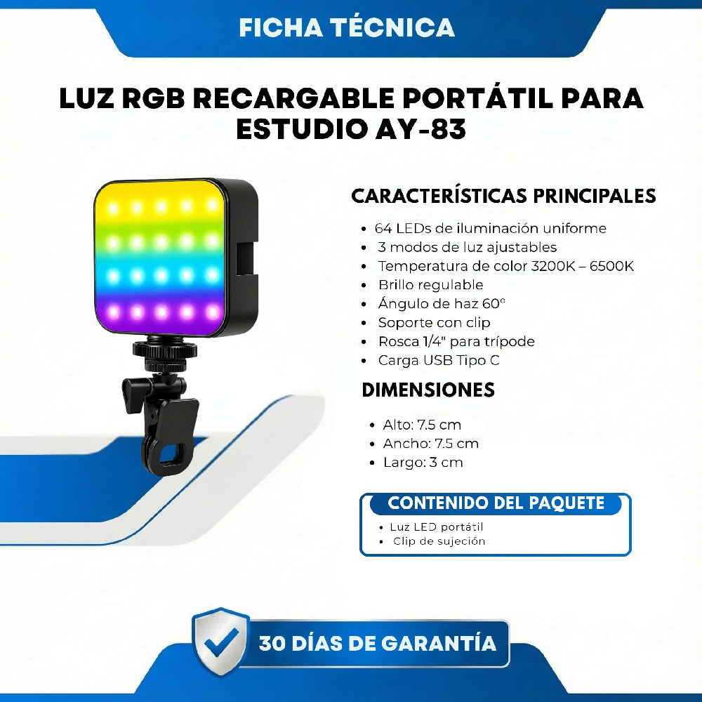 Luz RGB Recargable Portátil Para Estudio AY-83 Iluminación Profesional Para Foto, Video Y Streaming