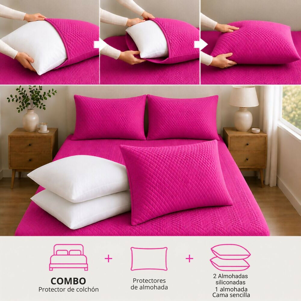 Combo protector colchon + 2 almohadas siliconadas queen fucsia