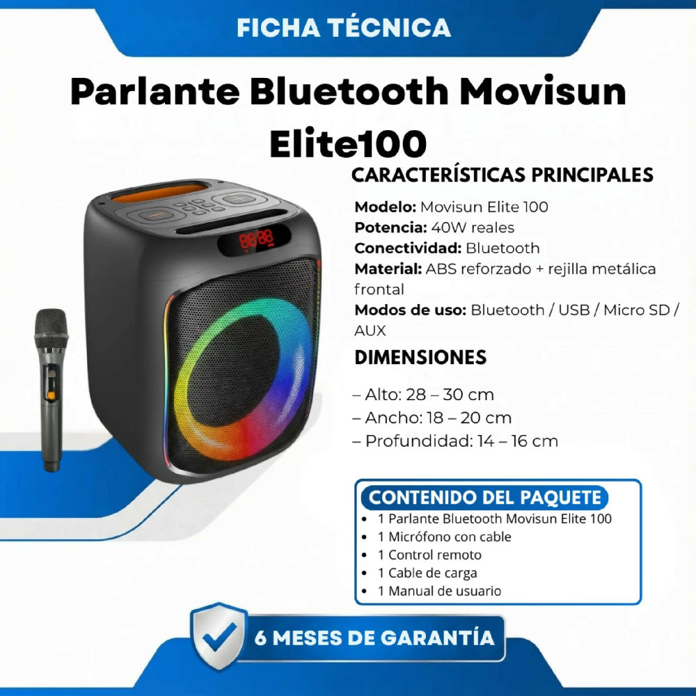 Parlante Bluetooth Movisun Elite100 Resistente A Salpicaduras Y Sonido Envolvente
