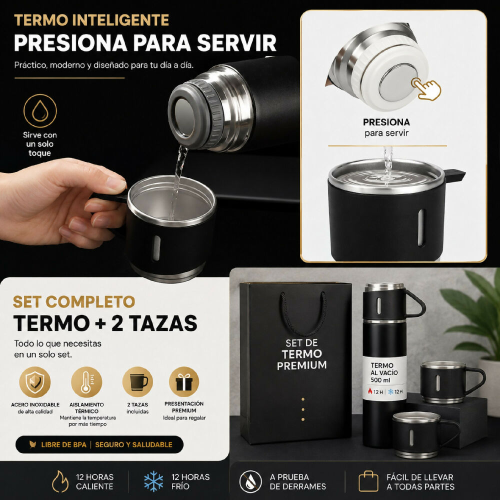 Termo De Acero Inoxidable Vacuum Flask 500ml Con 3 Tazas Vasos Incluidos Negro