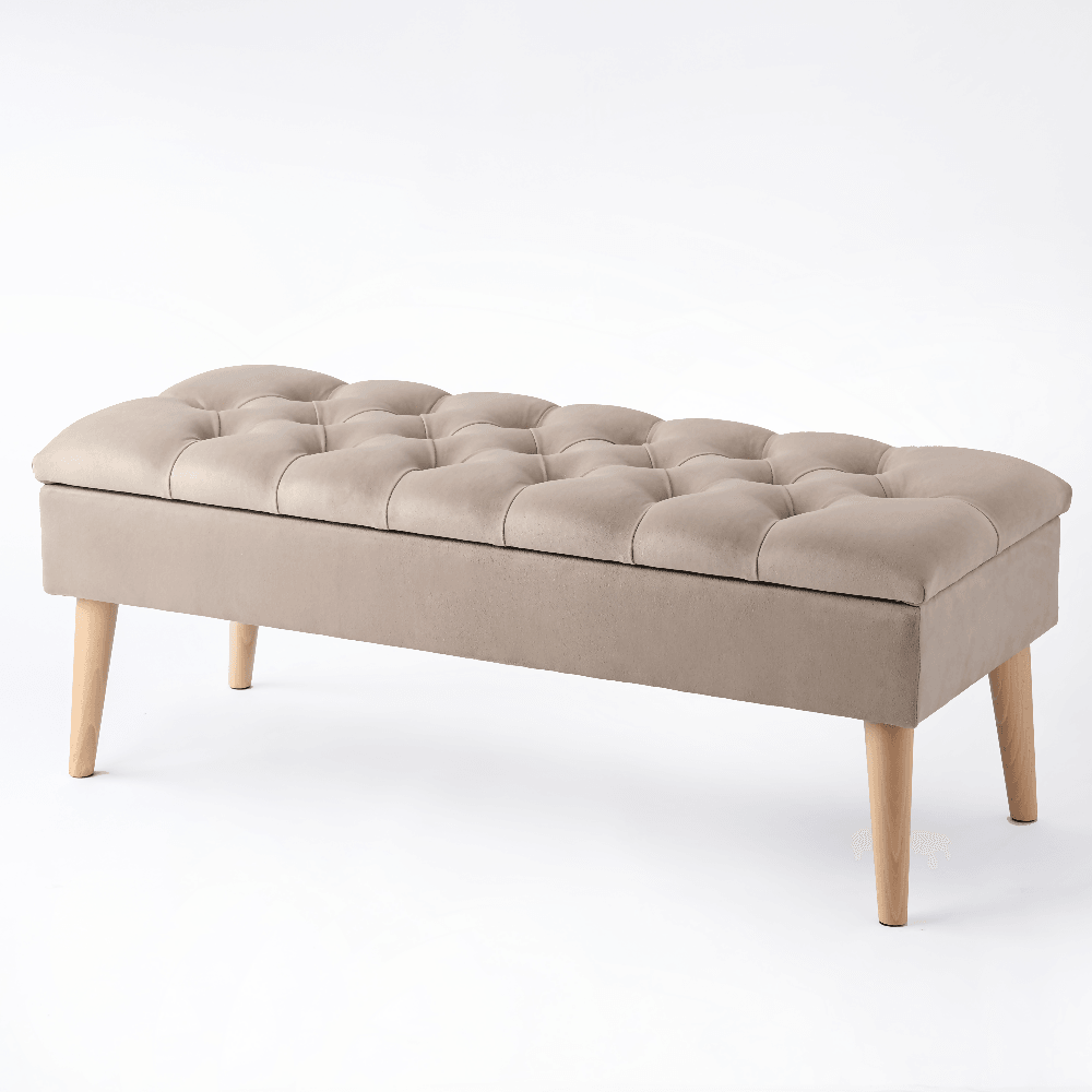 Baúl Capitoneado Patas en Madera Beige