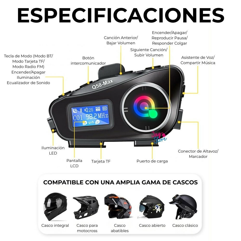 Intercomunicador Bluetooth Q58 Max Moto Auricular Casco Radio