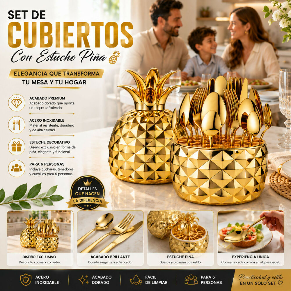 Juego De Cubiertos Con Base Piña Dorada 24 Piezas En Acero Inoxidable