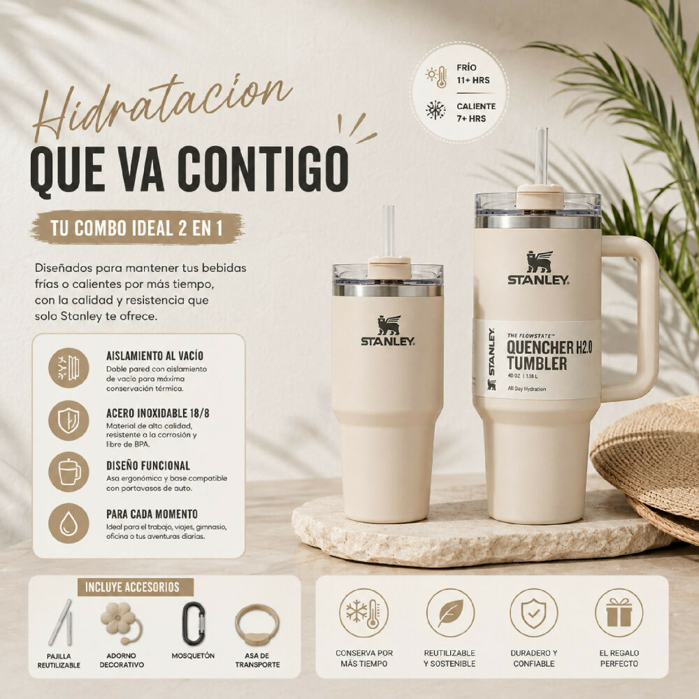 Combo Dúo Termo Stanley De Alta Resistencia Con Accesorios Sorpresa Beige