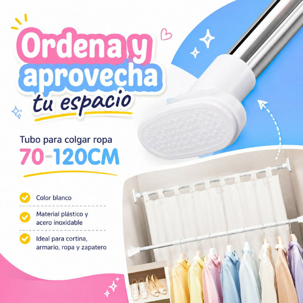 Tubo Para Colgar Ropa Ajustable Extensible 70-120 Cm De Presion Tendedor