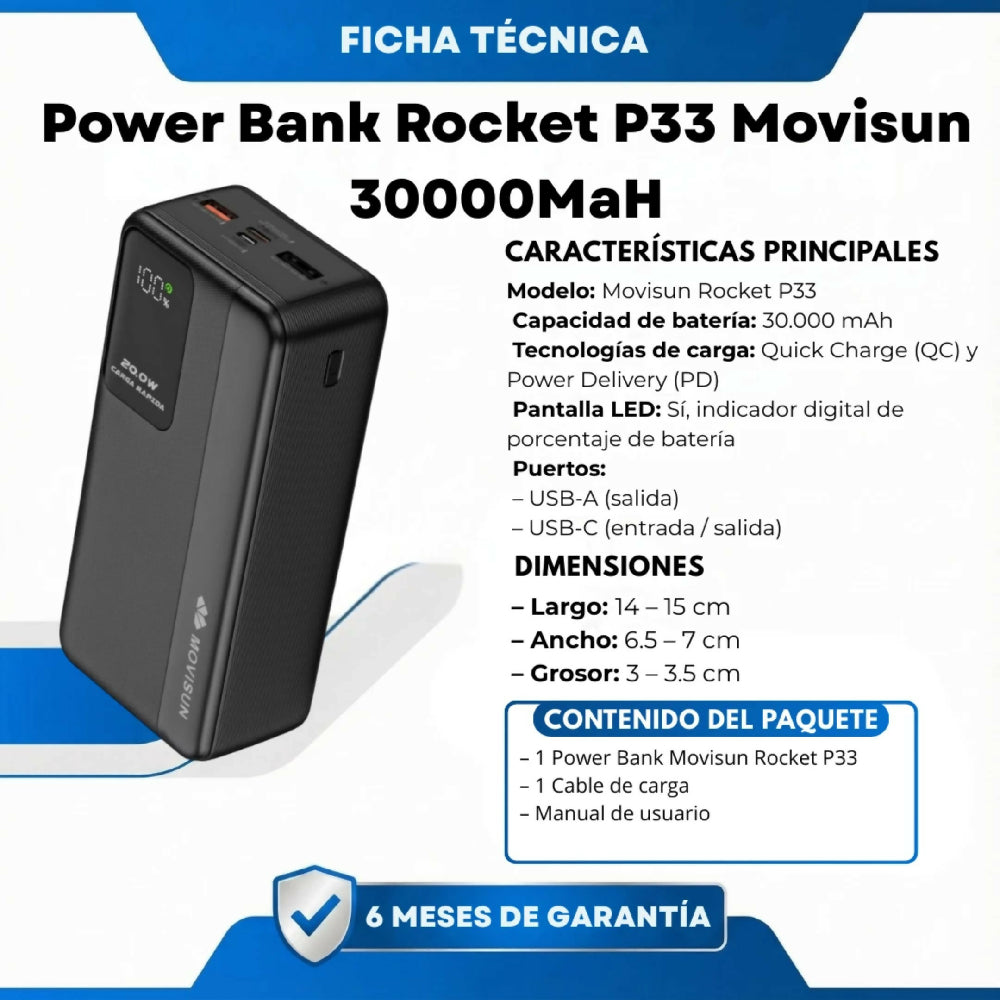 Power Bank Rocket P33 Movisun 30000MaH De Gran Capacidad