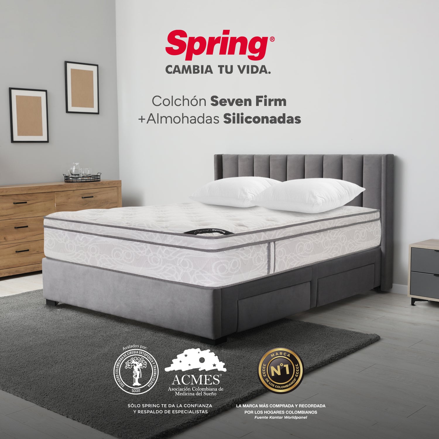 Combo Colchón Spring  Seven Firm Queen 160X190 Cm +  Set Almohada Siliconada