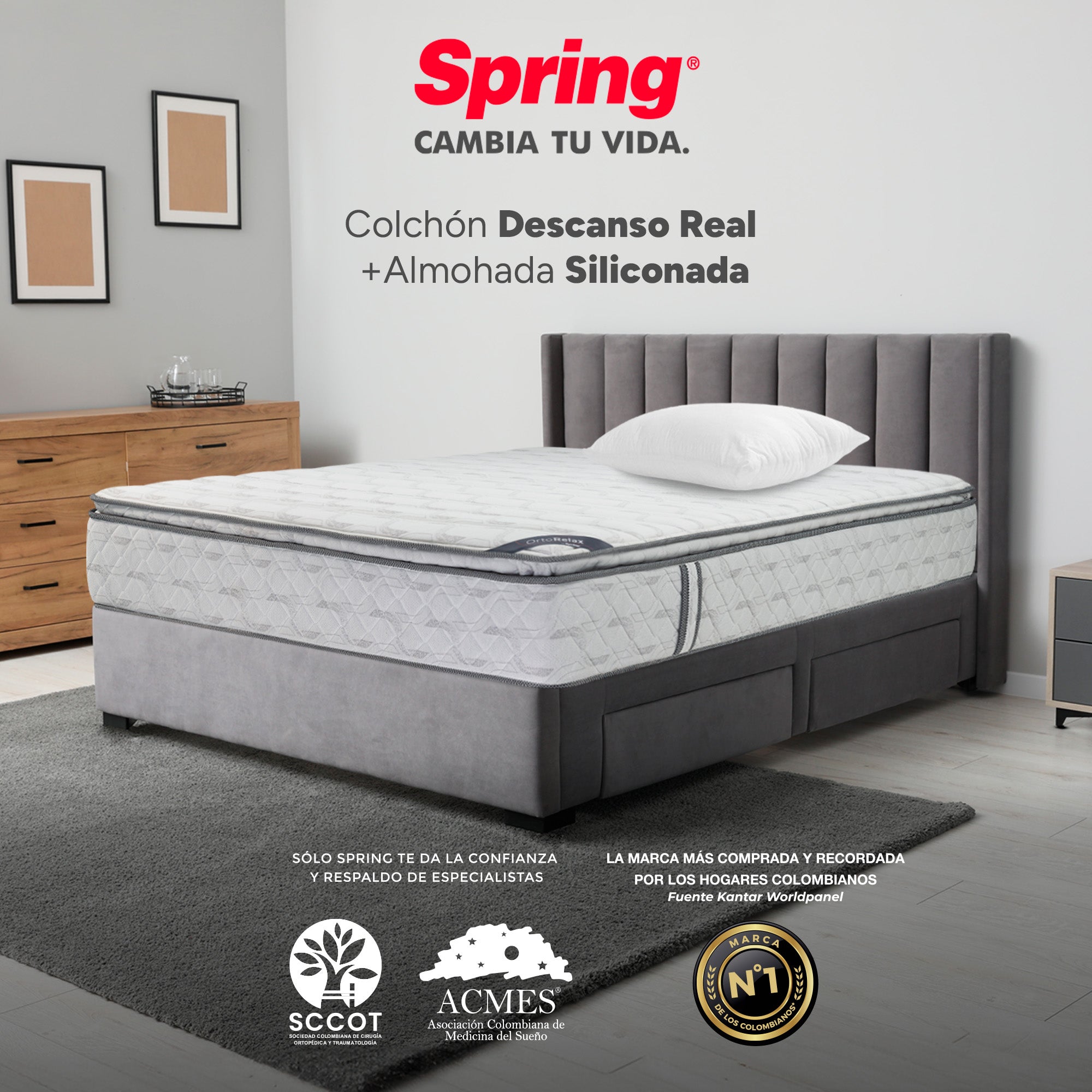 Colchón Spring Descanso Real Semidoble 120X190 Cm + Set Almohada Siliconada