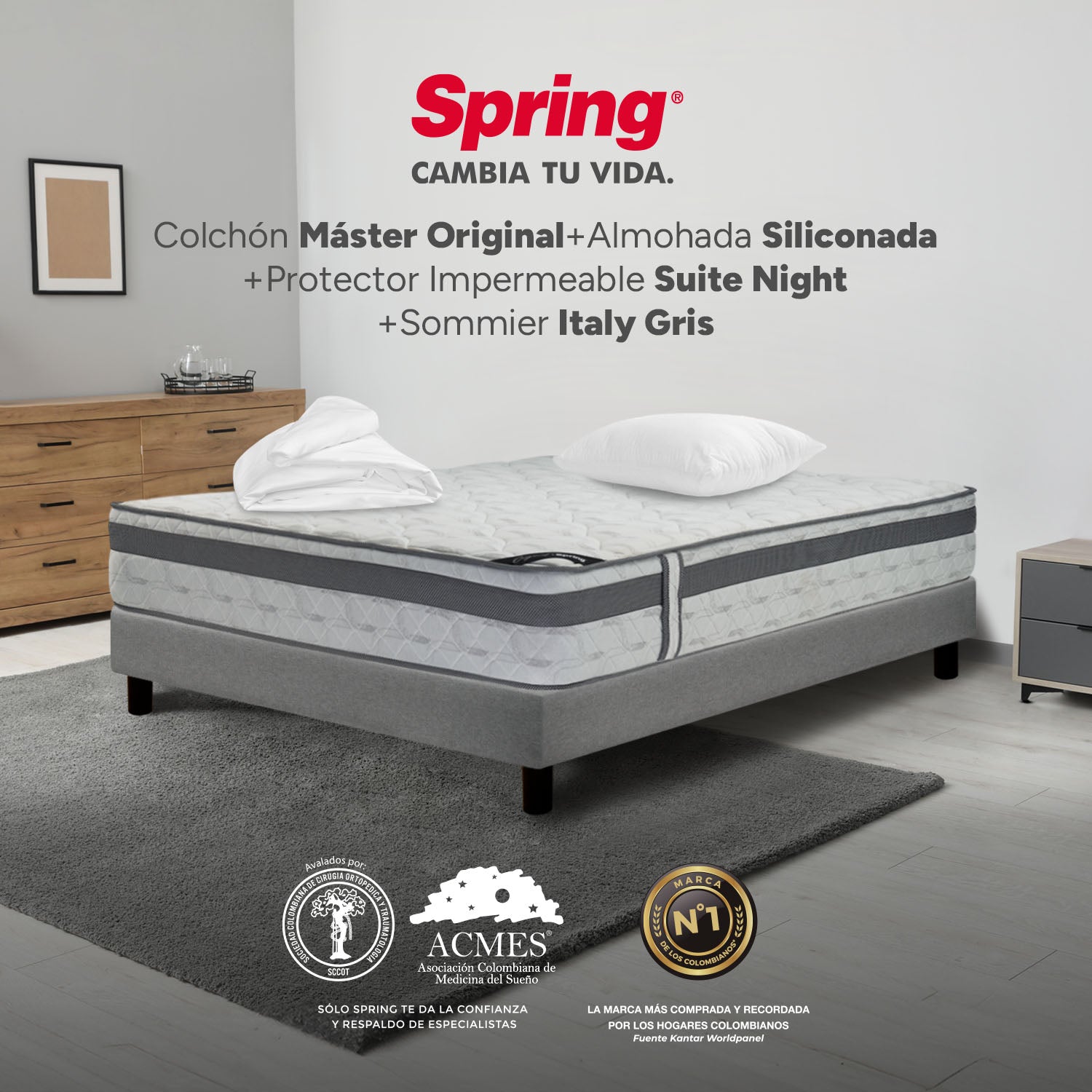 Combo Colchon Spring Master Original-100X190+Sommier  Italy Gris +Set X 2 Almohadas Siliconadas + Protector