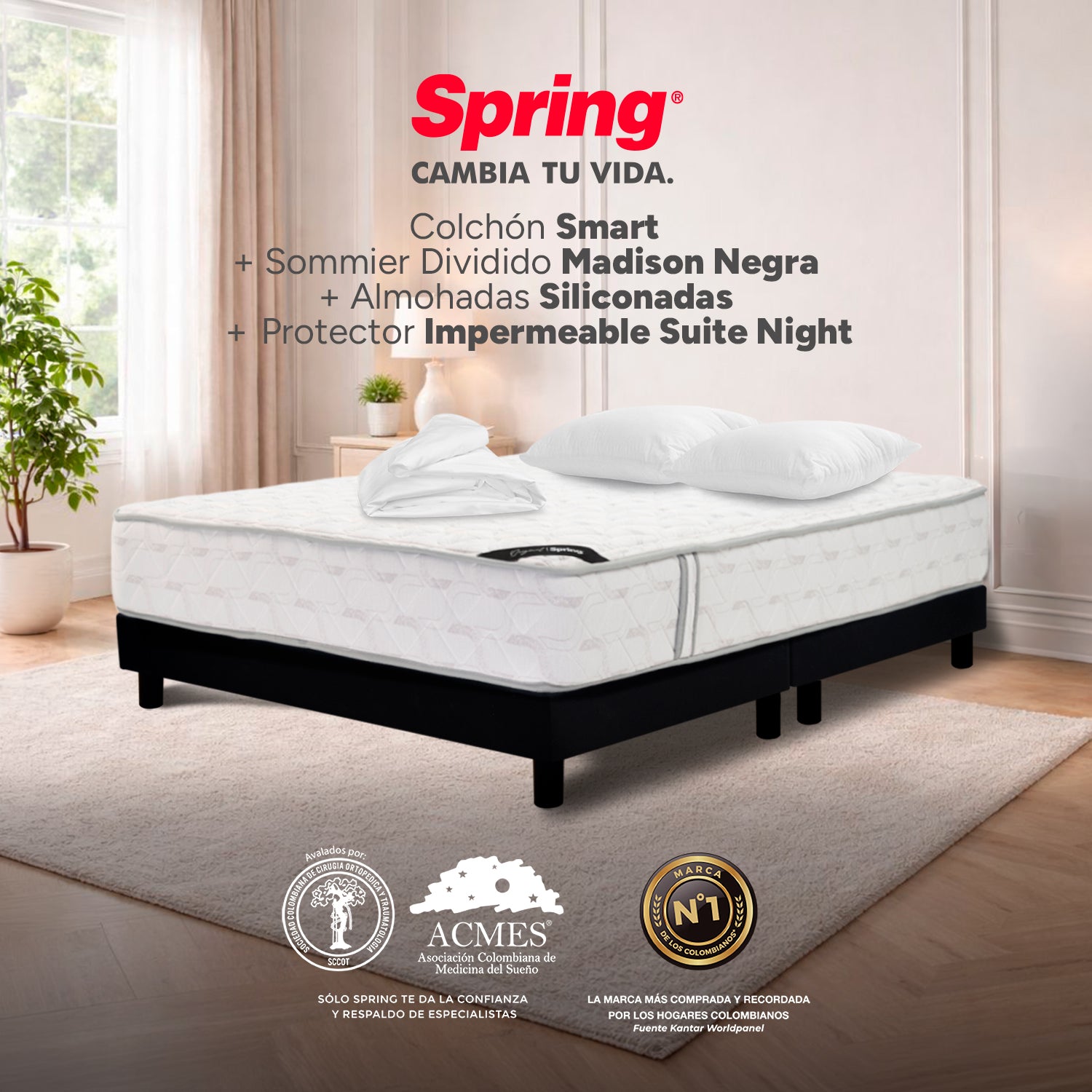 Combo Colchón Spring Smart King 200X200 Cm + Base Cama Negra Dividida + Almohadas + Protector