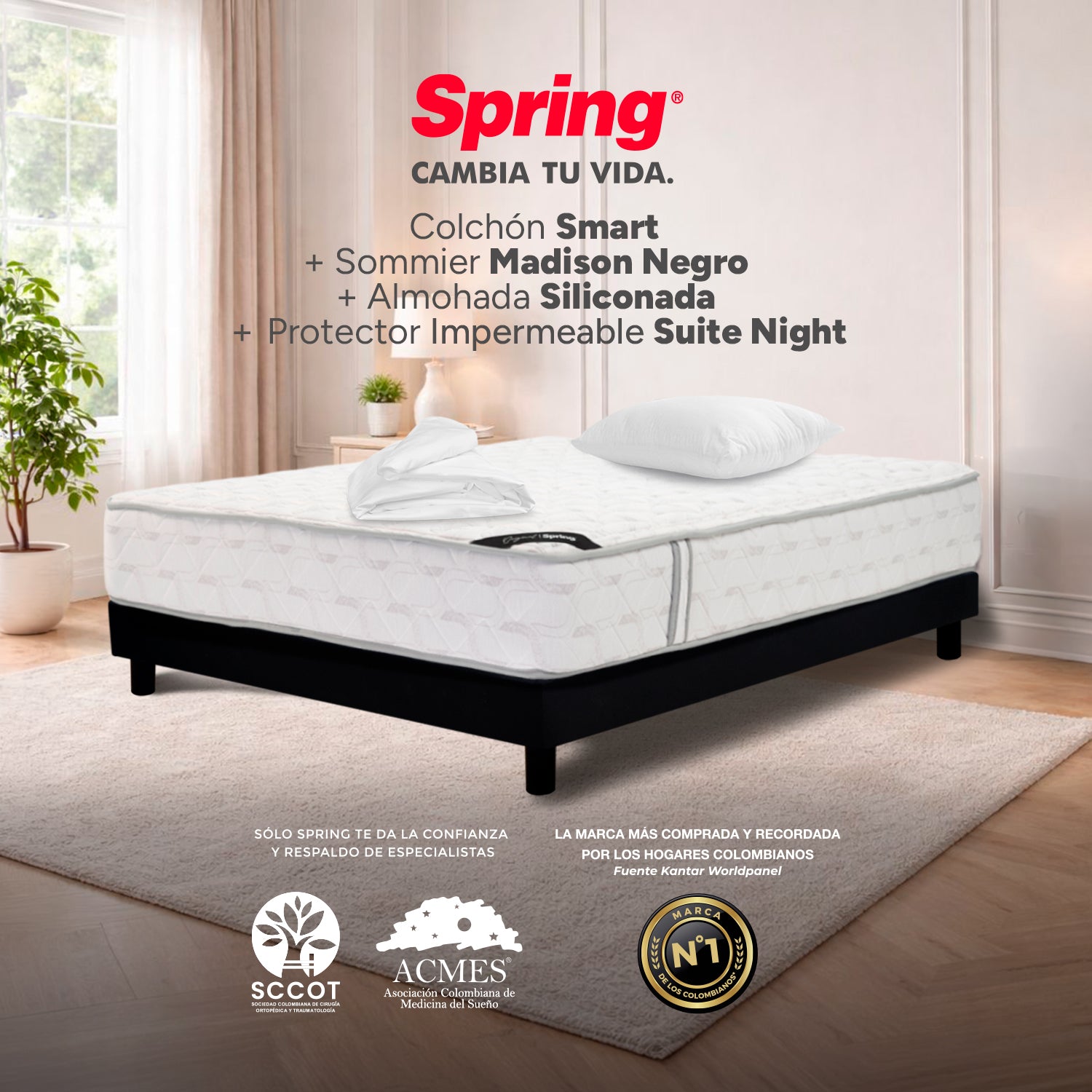 Combo Colchón Spring Smart Semidoble 120X190 Cm + Base Cama Negra + Almohada + Protector