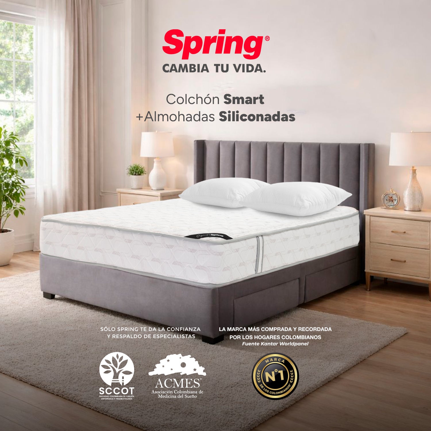 Colchón Spring Smart 140X190 Gratis Set Almohadas Siliconadas