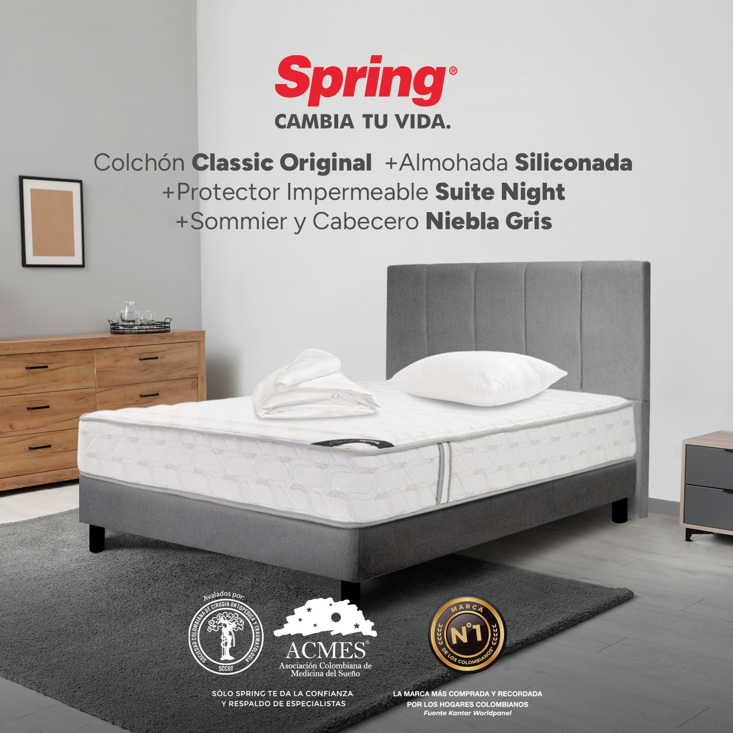 Combo Colchón Spring Classic Original Sencillo 100X190 Cm + Base Cama Gris + Cabecero Gris + Almohada Siliconada + Protector Impermeable