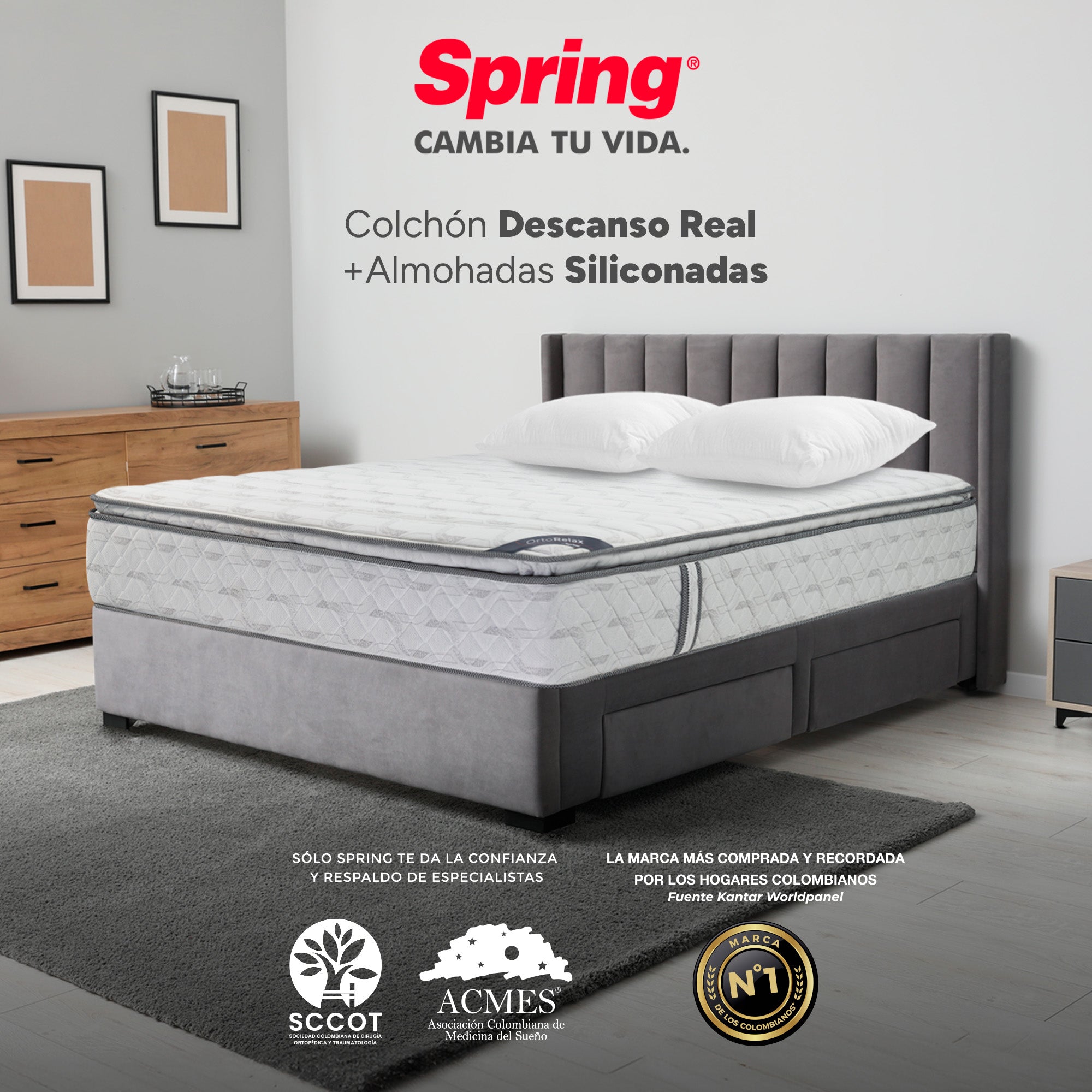 Colchón Spring Descanso Real Doble 140X190 Cm + + Set Almohadas Siliconadas