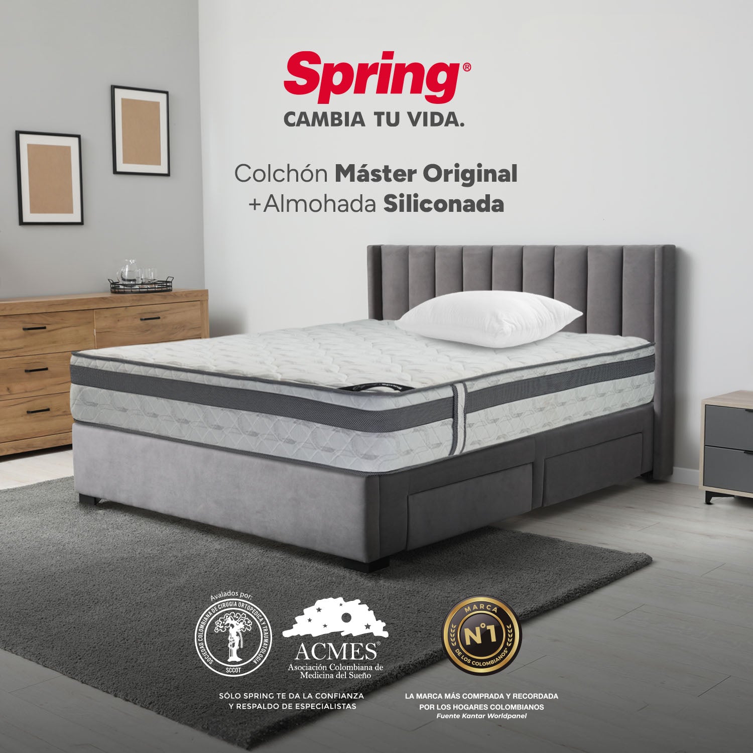 Combo Colchón Spring  Master Original Queen 160X190 Cm +  Set Almohada Siliconada