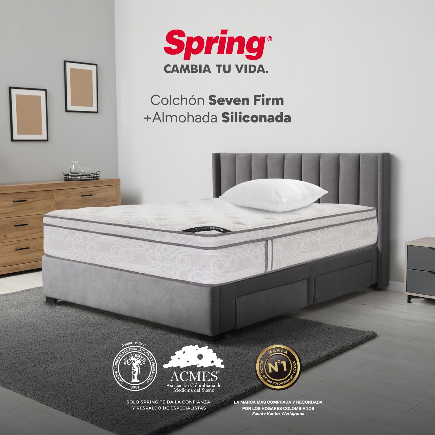 Combo Colchón Spring  Seven Firm Sencillo 100X190 Cm +  Set Almohada Siliconada