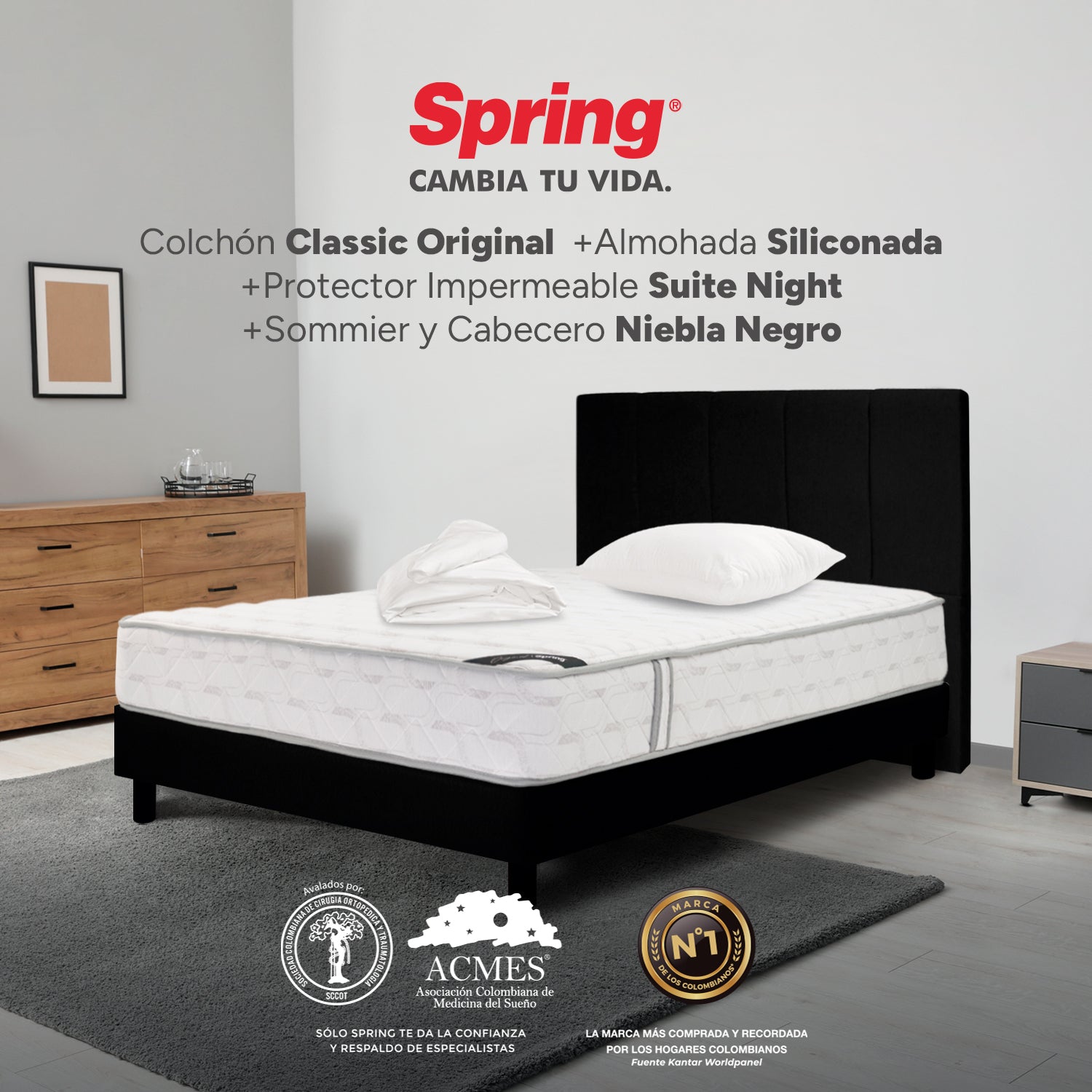 Combo Colchón Spring Classic Original Semidoble 120X190 Cm + Base Cama Negra + Cabecero Negro + Almohada Siliconada + Protector Impermeable