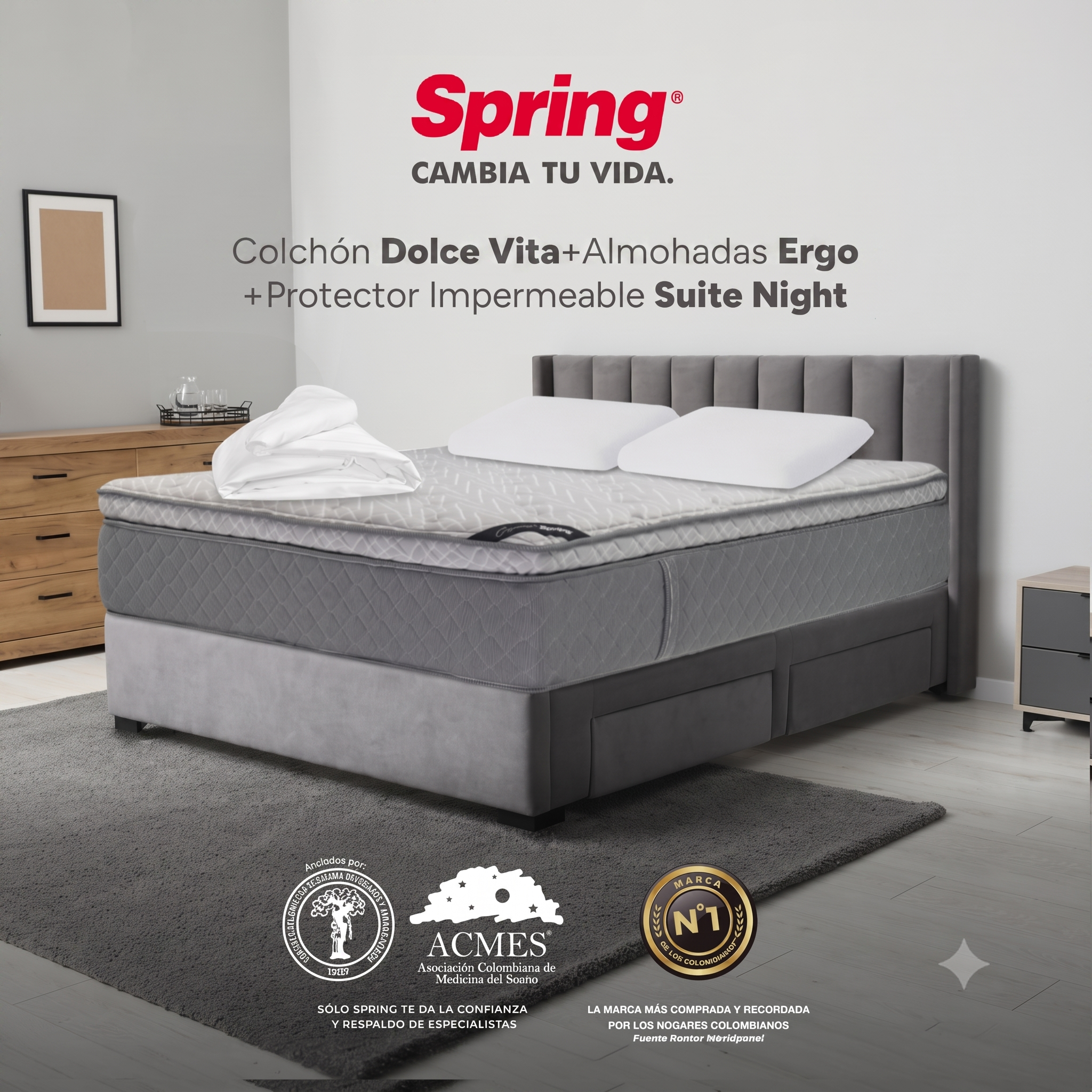 Colchón Spring Dolce Vita Doble 140X190 Cm + Set Almohadas Siliconadas + Protector