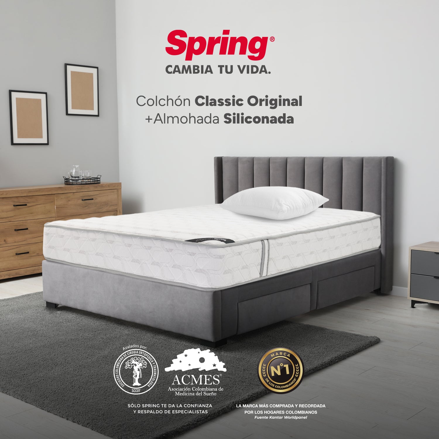 Combo Colchón Spring Classic Original Sencillo 100X190 Cm + Set Almohada Siliconada
