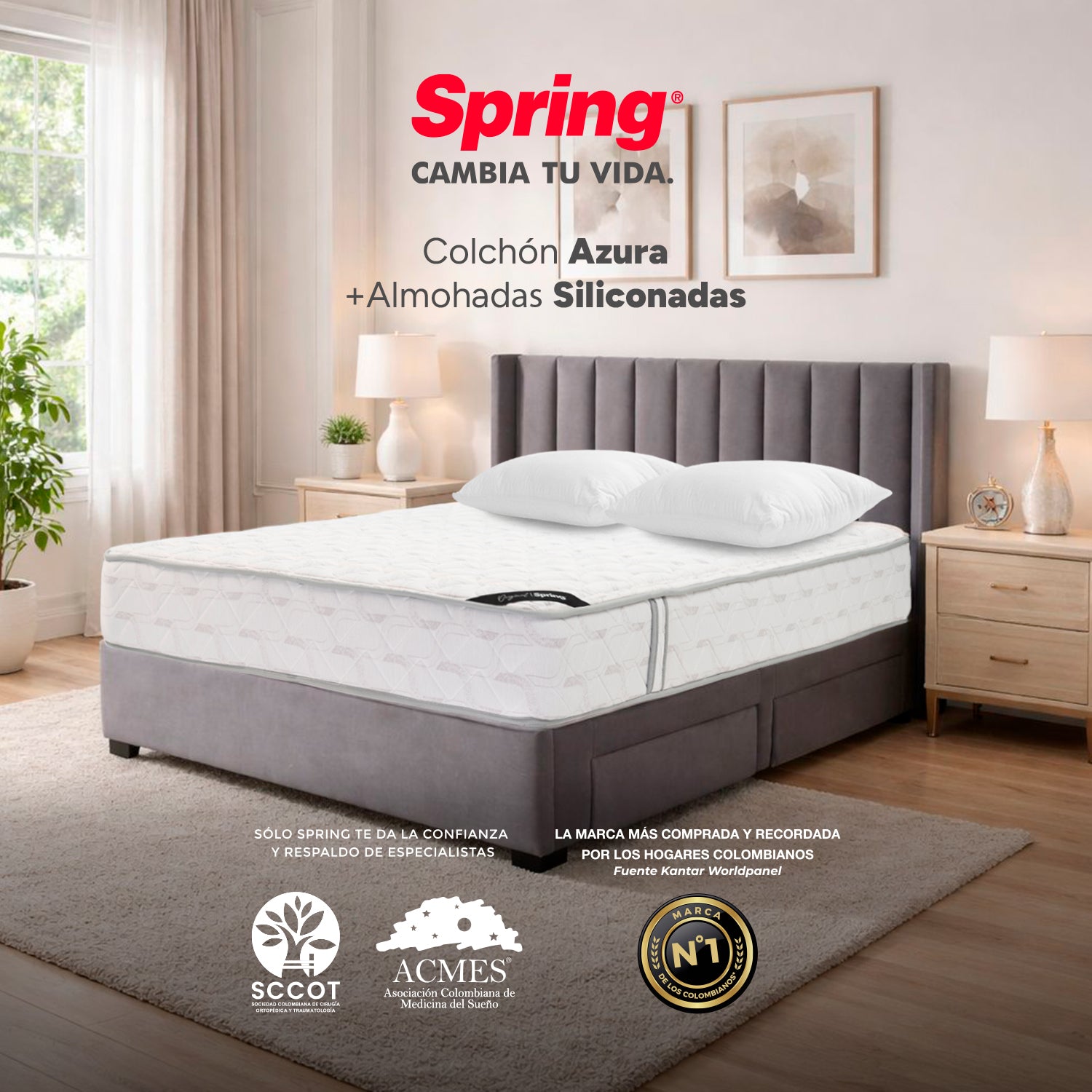 Colchón Spring Smart 160X190 Gratis Set Almohadas Siliconadas