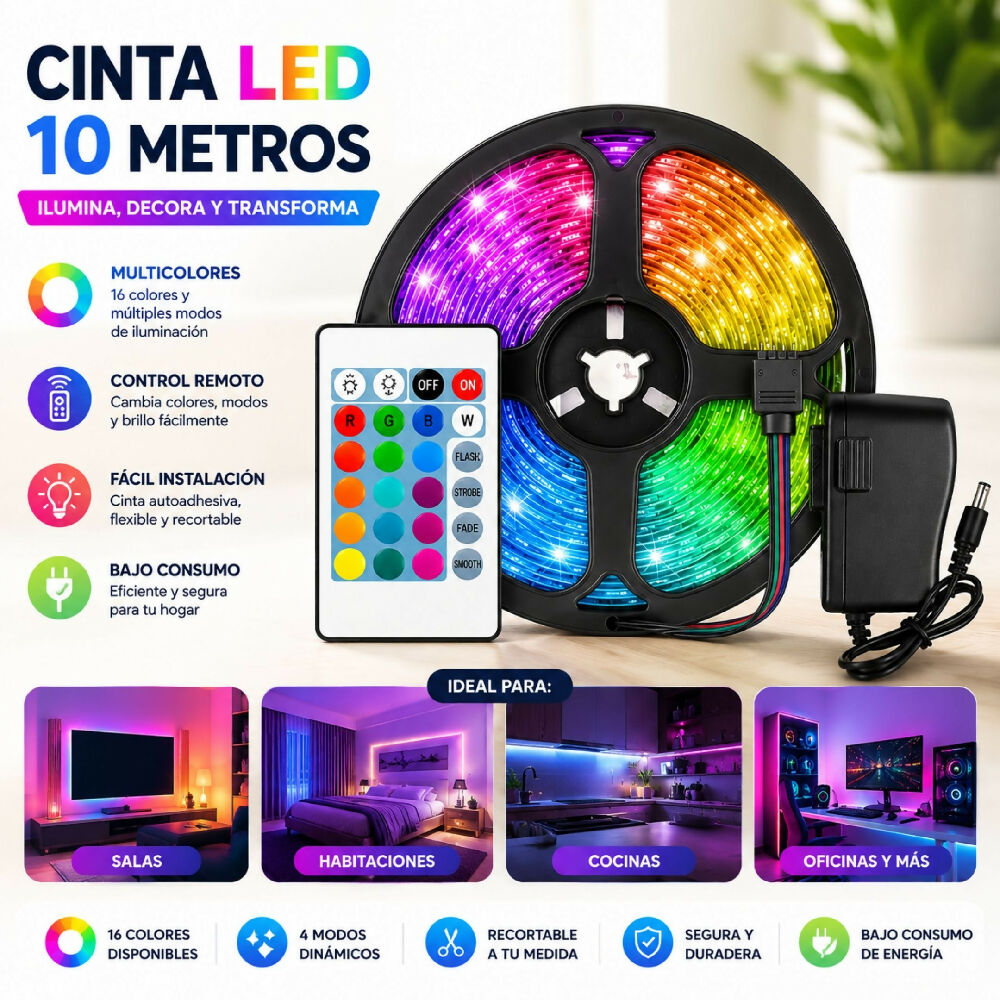 Cinta LED De 10 Metros Multicolor RGB Tira Flexible Autoadhesiva Para Decoración