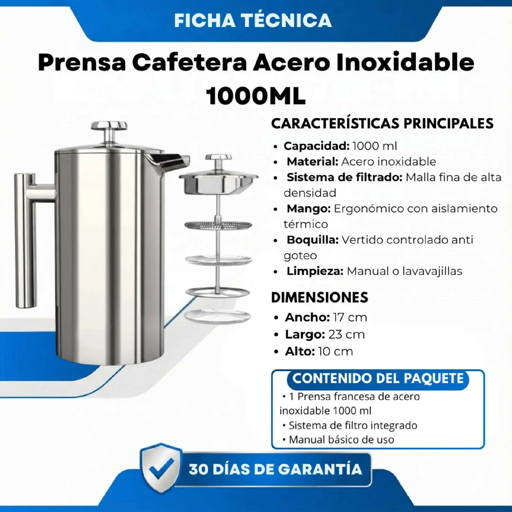 Cafetera de Prensa Francesa de Acero Inoxidable 1000ml con Doble Pared Térmica