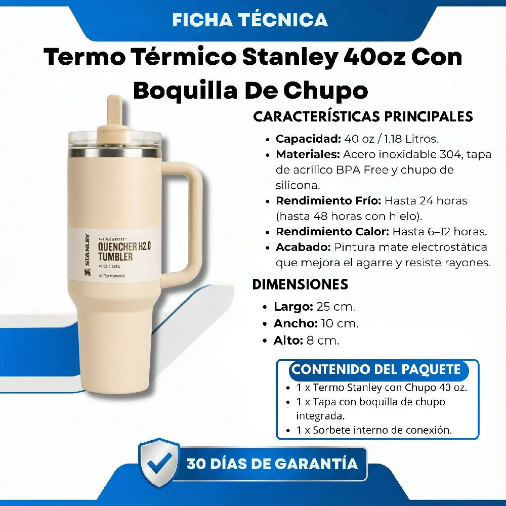 Termo Térmico Stanley 40oz Con Sorbete Ideal Para Gimnasio Y Viajes Beige