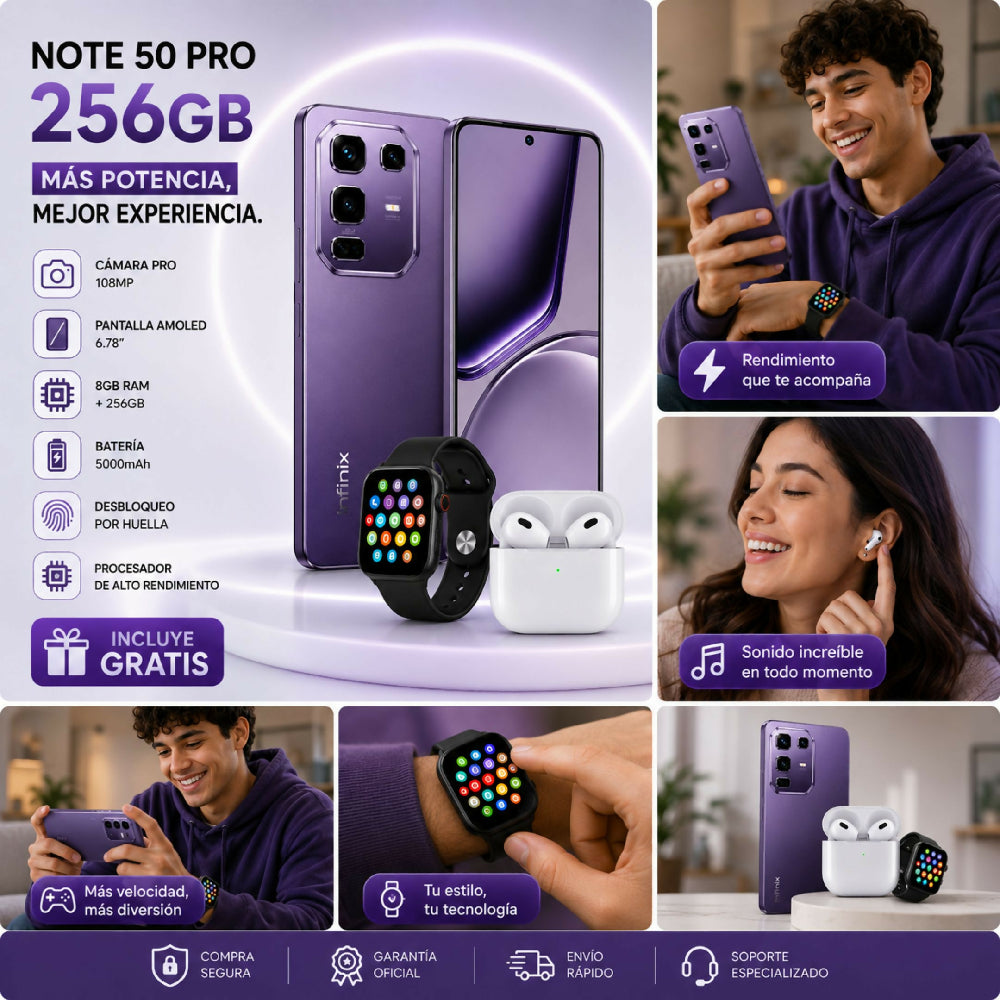 Smartphone Infinix Note 50 Pro 256GB Libre Morado + 2 Regalos Incluidos