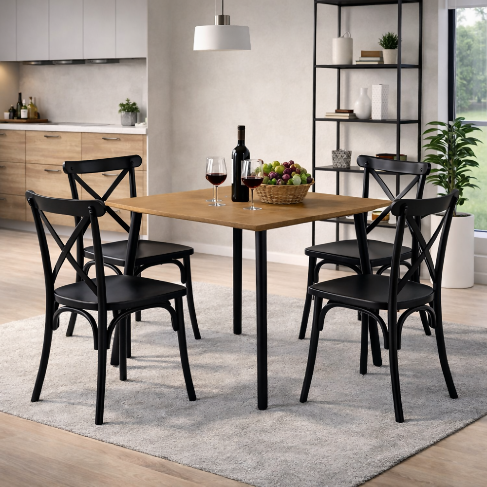 Comedor Cuadrado 74.5x80x80cm Amaretto + 4 Sillas Ibiza Negras