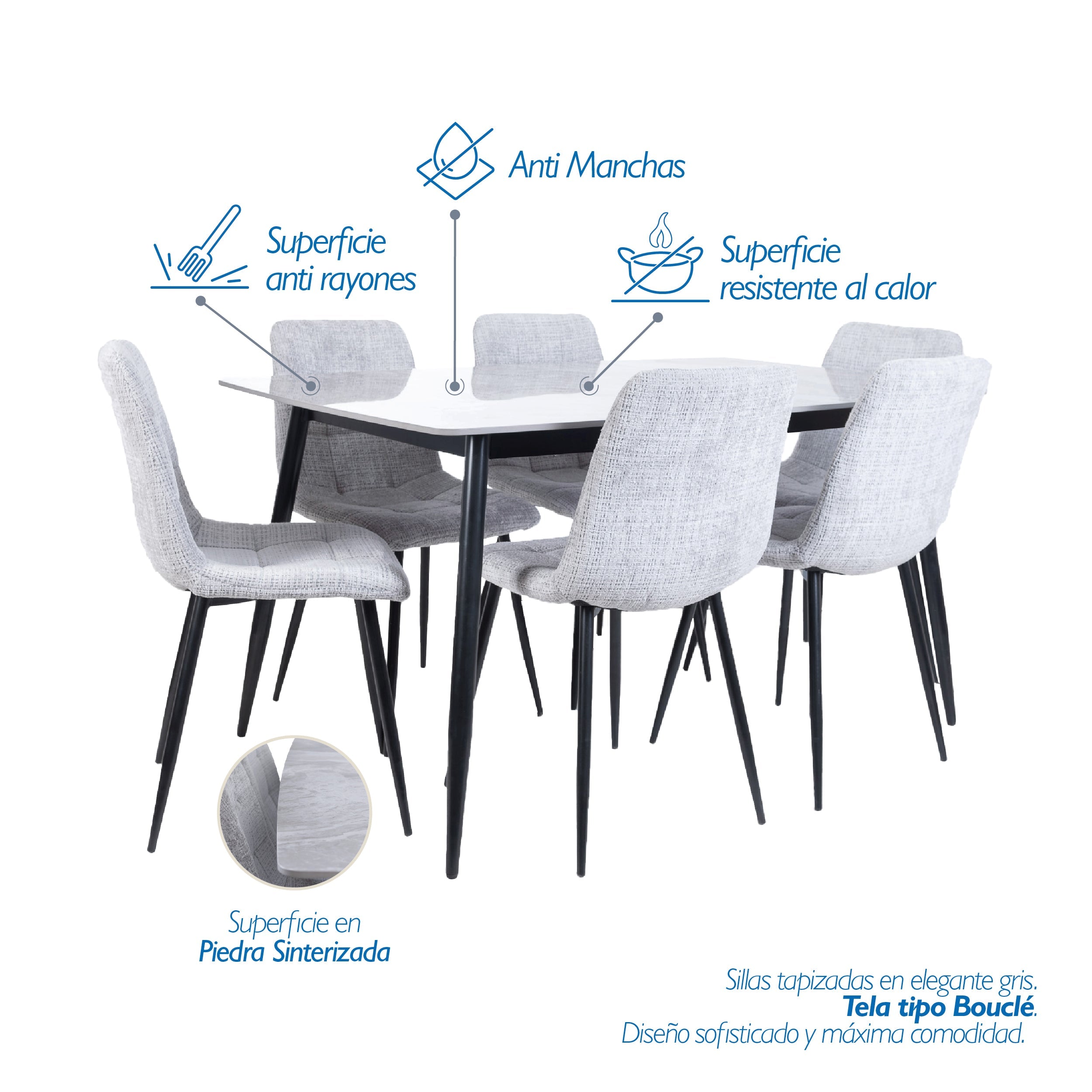 Juego de Comedor 6 Puestos Mesa Piedra Sinterizada Gris Claro Acilius