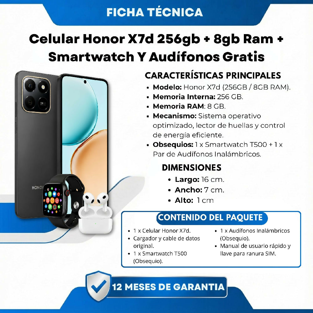 Celular Honor X7d 256gb Negro + 8gb Ram + Smartwatch Y Audífonos Gratis