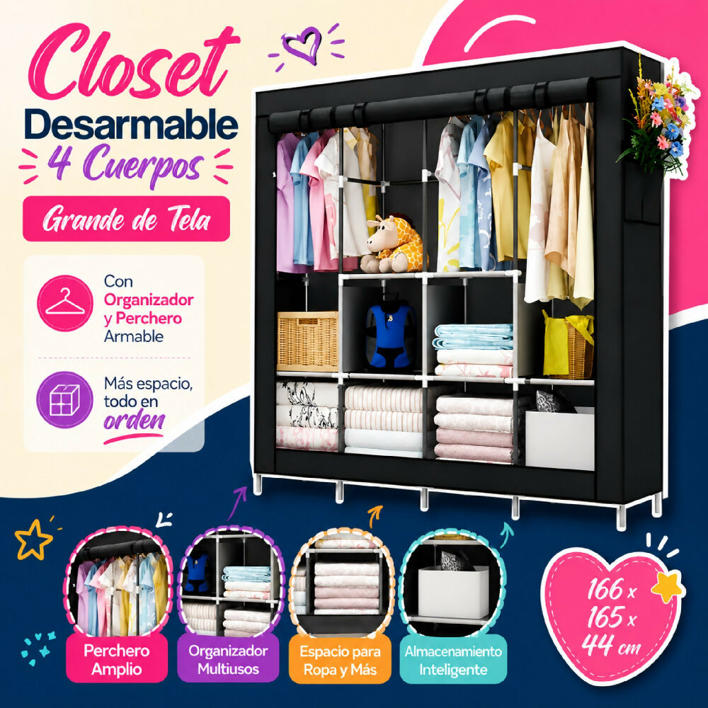 Closet Desarmable 4 Cuerpos Grande De Tela Con Organizador Y Perchero Armable