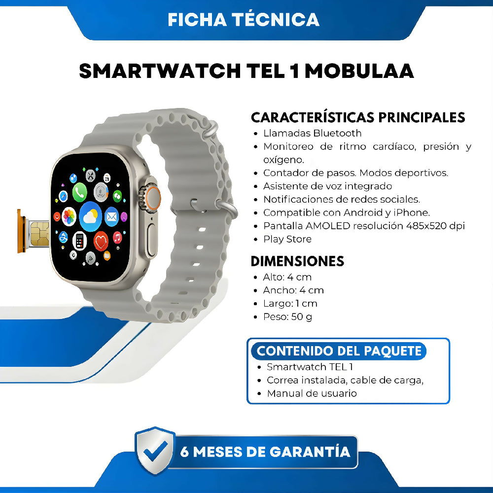 Smartwatch Tel 1 Mobulaa Gris Bluetooth Reloj Inteligente Con Pantalla HD, Frecuencia Cardíaca Y Batería Duradera