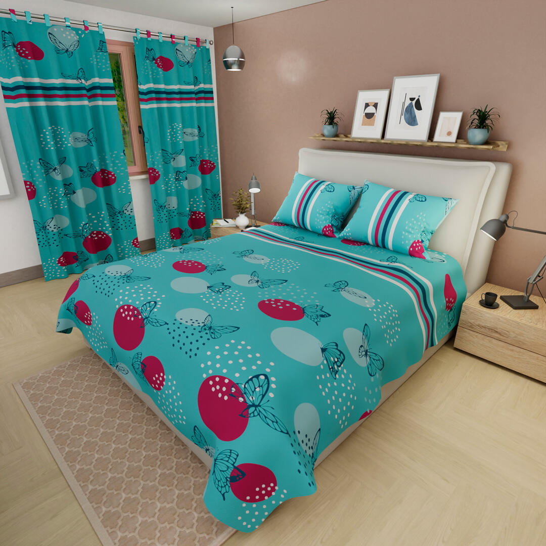 Juego De Sábanas Con Cortinas Aguamarina Mariposas Ultra Suave