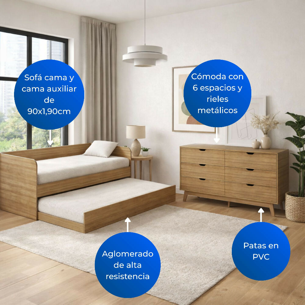 Combo Sofá Cama Atlanta Almendra + Cómoda Dakar Almendra