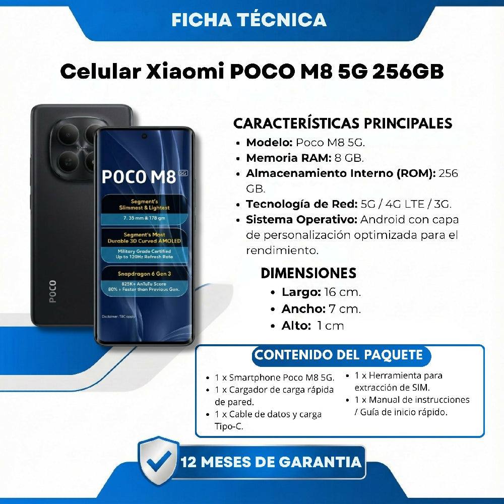 Celular POCO M8 5G 256GB Almacenamiento Y 8GB RAM Pantalla Pro Negro