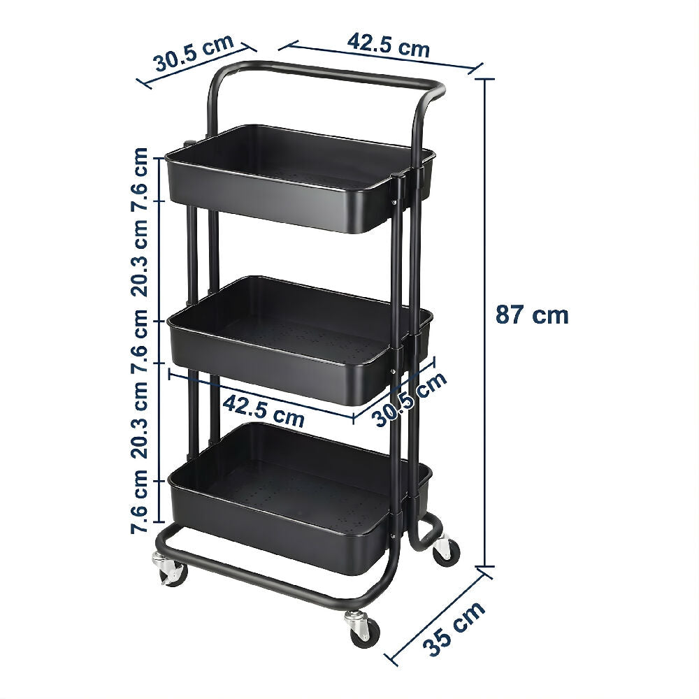 Carrito Organizador Multiusos Negro Con 3 Estantes Organizador Práctico Para Cocina, Oficina Y Espacios Pequeños