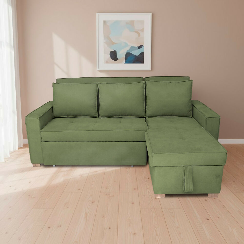 Esquinero Baúl Marsella Multifuncional Reclinable Derecho Verde + Cojines Decorativos