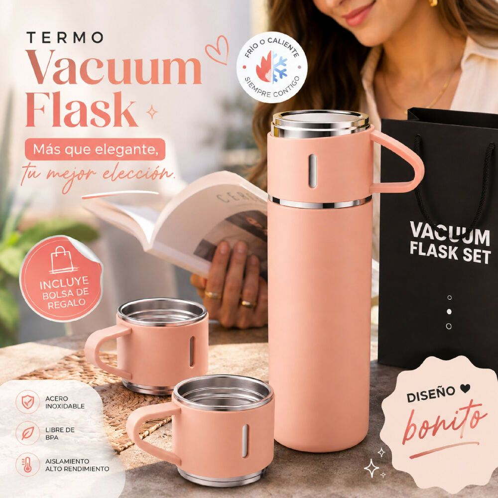 Termo De Acero Inoxidable Vacuum Flask 500ml Con 3 Tazas Vasos Incluidos Rosado
