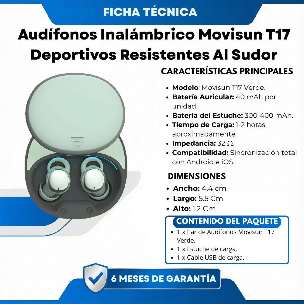 Audífonos Inalámbrico Movisun T17 Deportivos Resistentes Al Sudor