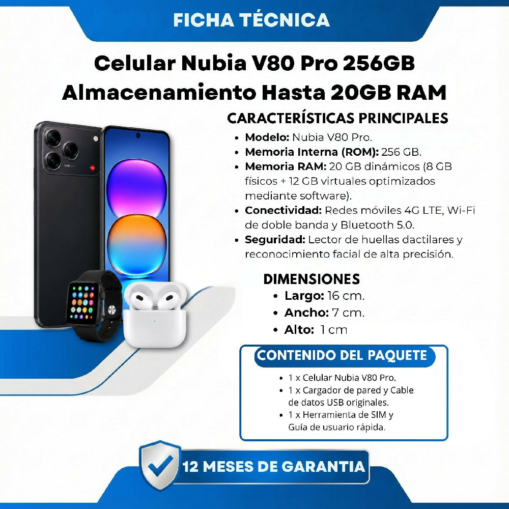 Celular Nubia V80 Pro 256GB 20GB RAM Negro + Kit De Audífonos Y Reloj