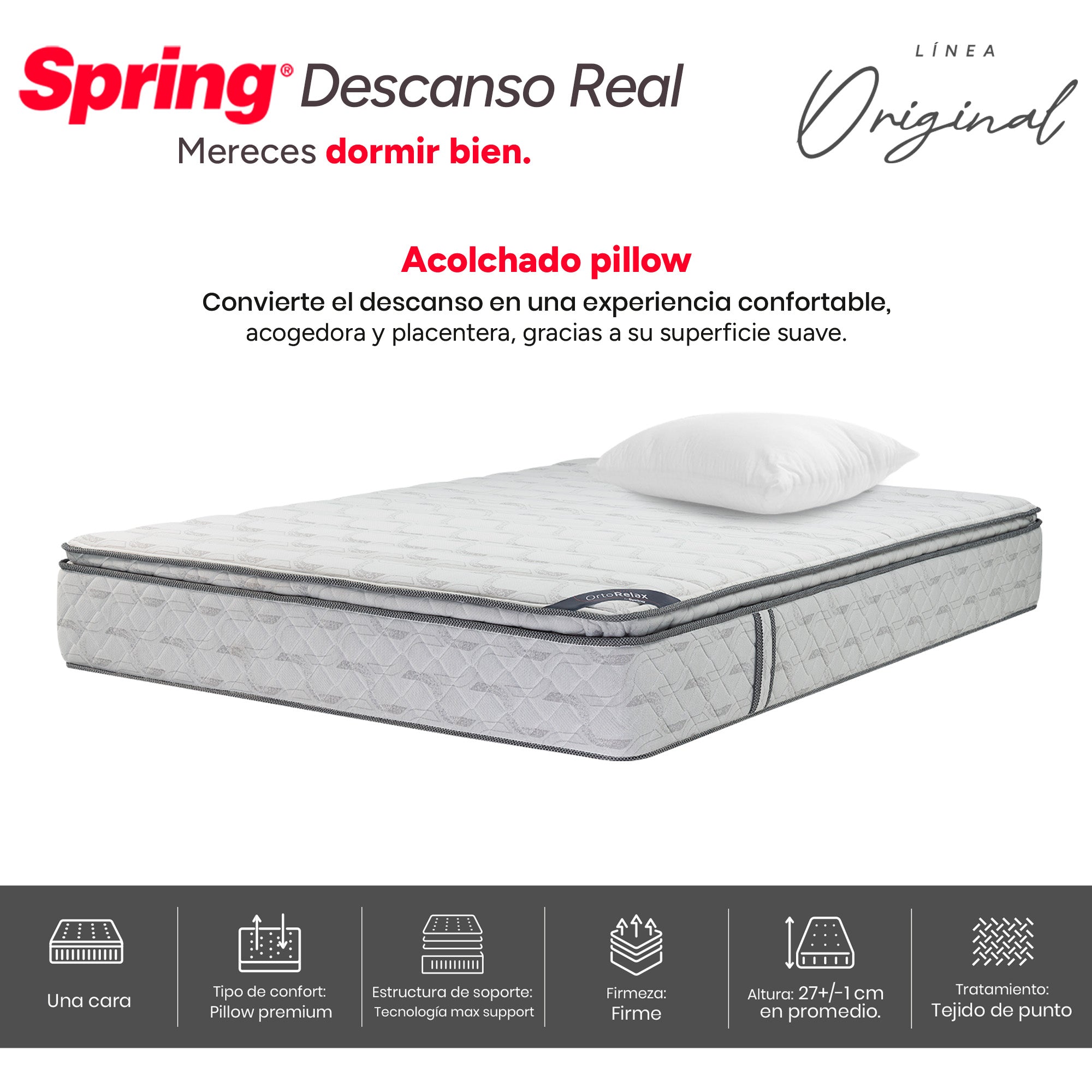 Colchón Spring Descanso Real Sencillo 100X190 Cm + Set Almohada Siliconada