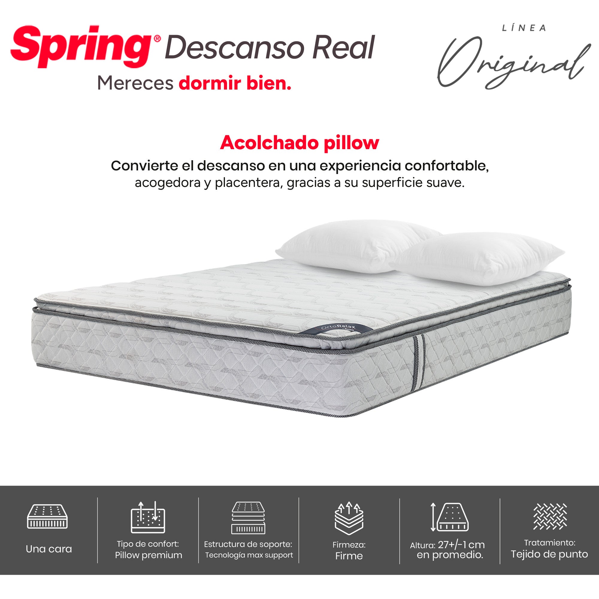 Colchón Spring Descanso Real Doble 140X190 Cm + + Set Almohadas Siliconadas