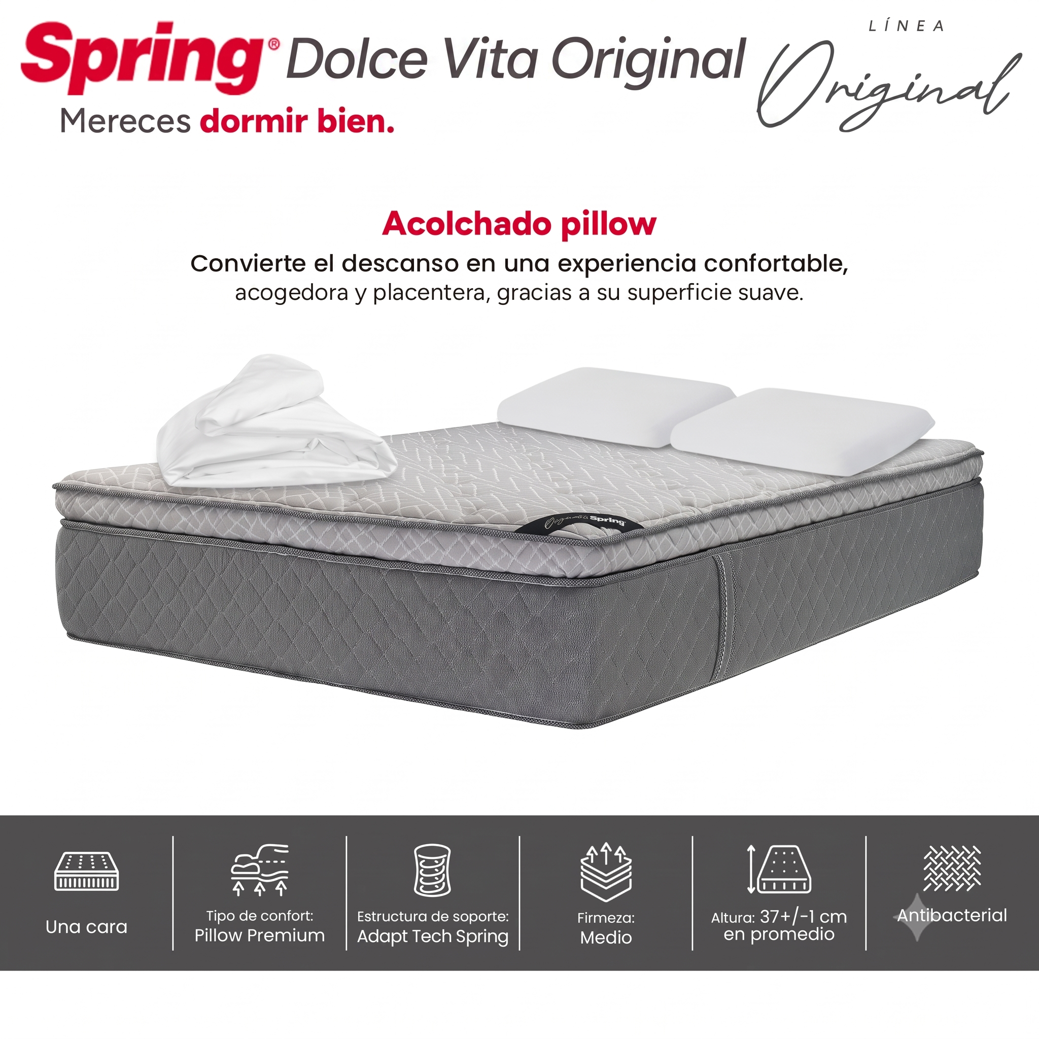 Colchón Spring Dolce Vita King 200X200 Cm  + Set Almohadas Siliconadas + Protector