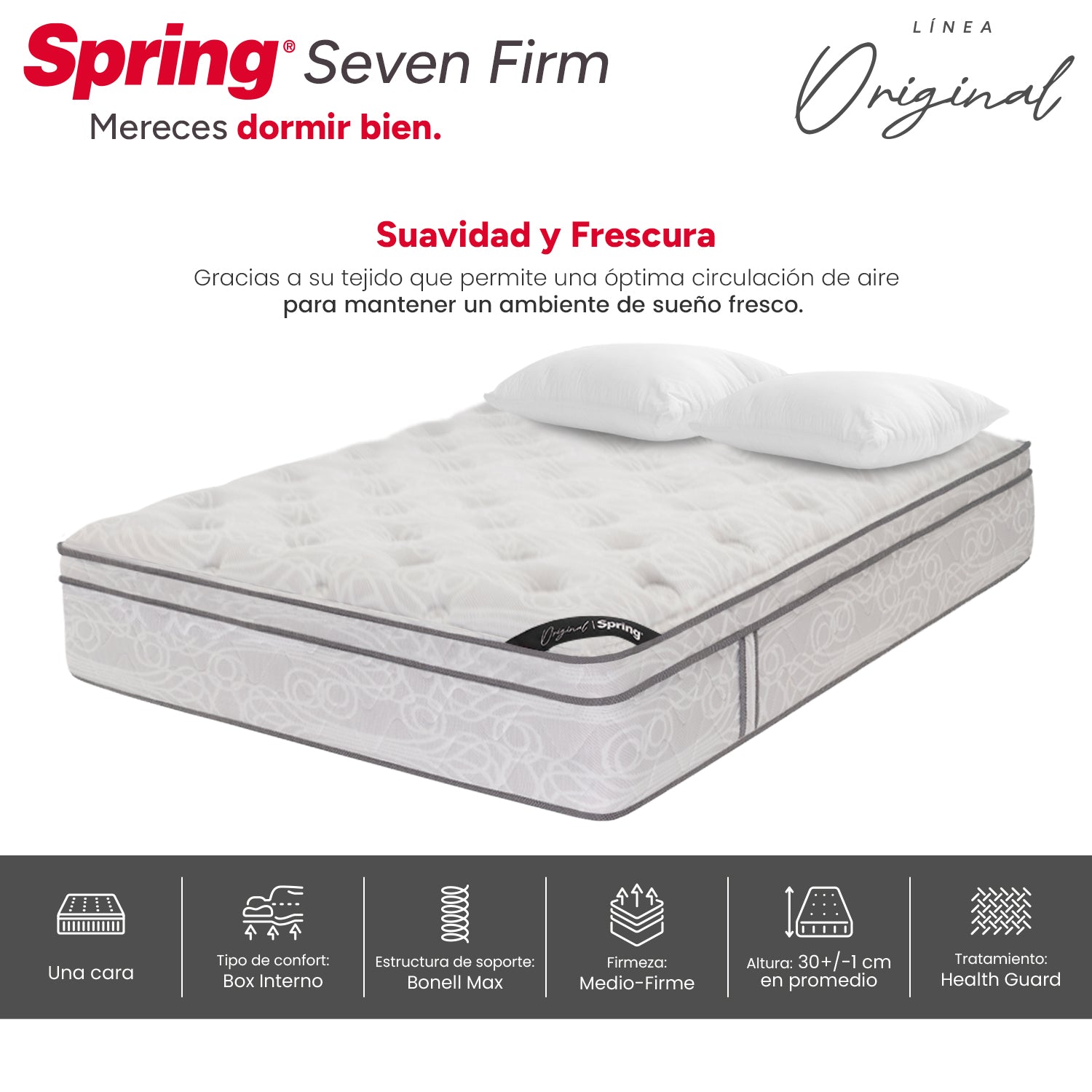 Combo Colchón Spring  Seven Firm Queen 160X190 Cm +  Set Almohada Siliconada